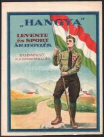 cca 1935 A Hangya szövetkezet levente és sportárjegyzékének rendkívül dekoratív címlapja, nyomdai példány, 32×24 cm