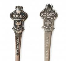 Rolex-Bucherer díszes fém svájci kávéskanalak, 2 db, Lucerne és Interlaken felirattal, az egyiken el...