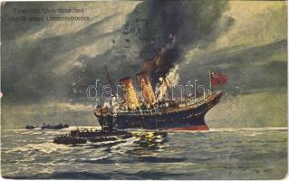 1918 Tengeralattjáró támadása / Angriff eines Unterseebootes / WWI Austro-Hungarian Navy, K.u.K. Kriegsmarine art postcard, attack of a submarine s: Harry Heusser (vágott / cut)