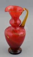 Rubin piros csíkos üveg dísz kancsó. Formába öntött, anyagában színezett, alján készítés közbeni belső repedéssel, 26 cm