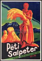 cca 1930 Rendkívül dekoratív Péti Salpeter reklámlap, Gönczi-Gebhardt Tibor (1902-1994) grafikája, Klösz nyomás, hátoldalt német nyelvű ismertetővel, szép állapotban, 30×21 cm