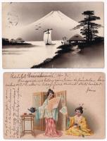 2 db RÉGI japán képeslap: gésák, táj / 2 pre-1945 Japanese postcards: geishas, landscape