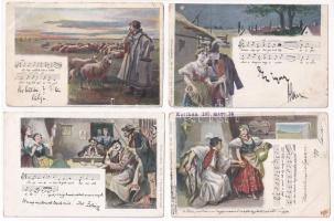 4 db RÉGI hosszú címzéses motívum képeslap: folklór kottás / 4 pre-1905 motive postcards: folklore music sheet