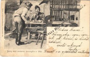 1903 Miskolc, Pislog, mint miskolczi kocsonyában a béka. Kiadja Gedeon A. humoros, folklór művészlap (EK)