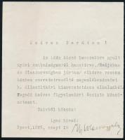 1925 Ifjú Báró Wlassics Gyula (1884-1962) kultúrpolitikus, író saját kézzel aláírt köszönőlevele helyettes államtitkári kinevezése alkalmából