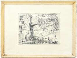 Láng Rudolf (1904-1991): Város, rézkarc, papír, 24x29cm, jelzett, lap széle foltos. Üvegezett, sérül...