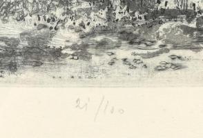 Láng Rudolf (1904-1991): Város, rézkarc, papír, 24x29cm, jelzett, lap széle foltos. Üvegezett, sérül...