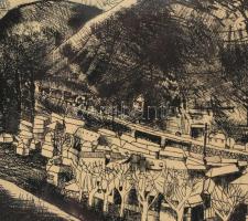 Maurer Dóra (1934): Dunakanyar.
Rézkarc, papír, jelzett, 28×28 cm, sérült, kopott, üvegezett keretb...