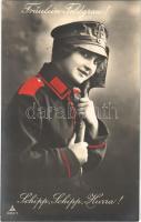 1917 Fräulein Feldgrau! Schipp, Schipp, Hurra! / WWI German military propaganda, lady in soldiers uniform