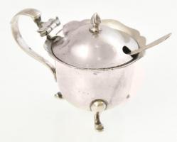 Ezüst (Ag) kis fűszertartó, kék üvegbetéttel, kanállal, jelzett, kis kopásnyomokkal, bruttó: 72,1 g,...