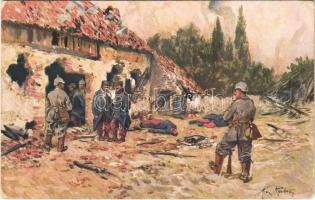 Nach der Erstürmung eines französischen Dorfes. Kriegskünstlerkarte Serie R. / WWI German military art postcard, stormed French village s: Max Rabes (EK)