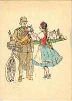 1941 Bevonulás. Kiadja a Délvidéki Egyetemi és Főiskolai Hallgatók Egyesülete / WWII Hungarian military art postcard, entry of the Hungarian troops, irredenta propaganda, soldier with bicycle and lady (EK)