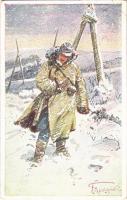 1916 Offizielle Postkarte zu gunsten der Hilfsaktion Kälteschutz Nr. 392. K.H.B. / WWI Austro-Hungarian K.u.K. military art postcard, support fund, soldier in a snowstorm, artist signed (EK)