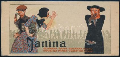 cca 1910 Faragó Géza (1877-1928): Janina szivarka papír - szivarka hüvely, számolócédula, kromolitográfia, jelzés nélkül, rajta kalpagos, dohányzó, vörös szakállas zsidó figurával, 6x13 cm