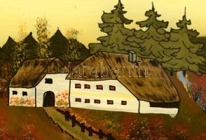 4 db Jelzés nélküli naiv stílusú üveg festmény, mese illusztráció fa keretben. Zománc, üveg. 14x18 c...