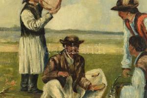 Holló jelzéssel: Bográcsozó parasztok.
Olaj, vászon. 63,5x94,5 cm. Sérülésekkel