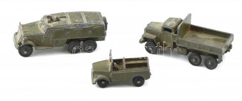 3 db szovjet játék katonai teherautó, ólom, kis kopással, h: 5,5 cm - 9 cm