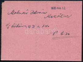 1935 Bizonylat mezőtúri illetőségű Molnár István nevére kiállítva 1/5 bödön kóser termék vásárlásáról, héber bélyegzéssel