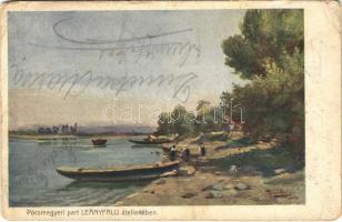 Pócsmegyer, part Leányfalu átellenében, csónakok. H. G. Művészkártyák (EB)