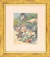 Török Sándor Károly (1895 -?) : Vásári jelenet. Akvarell, papír. Jelzett. Üvegezett keretben 14x19 cm