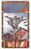 Lövészárok / Schützengraben / WWI Austro-Hungarian K.u.K. military art postcard, soldiers in the trenches in winter, coats of arms. B.K.W.I. 259-83. (EK)