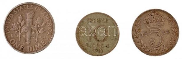 Vegyes: Nagy-Britannia 1914. 3p Ag "V. György" + Svédország 1961. 10ö Ag + Amerikai Egyesü...