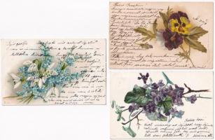 3 db RÉGI virágos litho üdvözlőlap 1900-ból / 3 pre-1945 litho flower greeting cards from 1900
