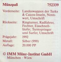 Turks & Caicos 1992. 20C Ag "Olimpia" T:PP Tanúsítvánnyal!