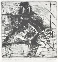 Butak András (1948 - ): Visszatartás. Rézkarc, papír. Jelzett. üvegezett fakeretben. 21,5x21,5cm