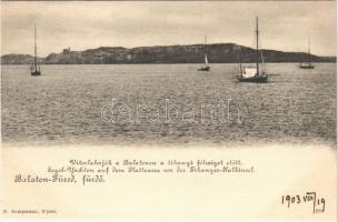 1903 Balatonfüred, vitorláshajók a Balatonon a tihanyi félsziget előtt. H. Kampmann kiadása (r)