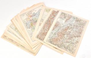 cca 1880-1900 Vegyes térkép tétel, nagyrészt német témájú térképek, 30 db, Pallas Nagy Lexikon és a német nyelvű Meyers lexikonból, változó állapotban, különféle méretben.