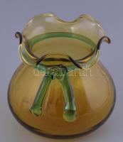 Sárga hutaüveg váza / kaspó, száldíszítéssel, kopásnyomokkal, m: 11,5 cm
