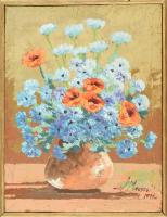 Megyesi Lukrécia: Virágos csendélet Olaj, vászon jelzett, Keretben. 41x30 cm