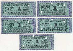 ~1935. 1P Eger Megyei Város helypénzjegy (5x) sorszámkövetők, lyukasztással és betépéssel érvénytelenítve T:III