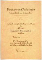 Német Harmadik Birodalom 1942. "Szolgálati Érdemérem 2. osztálya 25 éves szolgálat után" kitüntetés adományozói okirata, szárazpecséttel. "A Führer és birodalmi kancellár a mai rendelettel a nyugalmazott Felső Kormányzati Tanácsnok, dr. Karl Karecker Bécsben elnyerte az Ezüst Hűségszolgálati Becsületjelvényt 25 éves hűséges szolgálat elismeréseként. Berlin, 1942. március 30. Az államminiszter és a Führer és a birodalmi kancellár elnöki kancelláriájának vezetője." A kitüntetés nem tartozik a tételhez! T:2 German Third Empire 1942. "Faithful Service Medal, 2nd Class, after 25 Years" decoration's certificate with embossed stamp. "Der Führer und Reichskanzler, hat mit erlaß vom heutigen Tage dem Oberregierungsrat a.D. Dr. Karl Karecker in Wien als Anerkennung für 25 jährige treue Dienste das Silberne Treudienst=Ehrenzeichen verliehen. Der Staatsminister und Chef der Präsidialkanzlei des Führers und Reichskanzlers" The medal does not belong to the item! C:XF