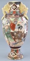 Japán szacuma jellegű mázas kerámia füles váza. Kézzel festett, jelzett, száján kisebb hibákkal, repedéssel 35 cm