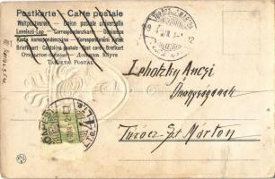 1904 Art Nouveau lady golden Emb. litho. Unsigned Raphael Kirchner (?) (lyukak / pinholes)