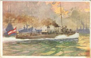 1914 Österreichische Kriegsmarine Torpedobootzerstörer / WWI Austro-Hungarian Navy art postcard, K.u.K. Kriegsmarine torpedo destroyer, naval flag. B.K.W.I. 928-6. s: J. Danilowatz + K.U.K. KRIEGSMARINE SMS RADETZKY (EK)