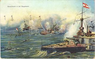 1914 Seeschlacht in der Gegenwart / WWI Austro-Hungarian Navy, K.u.K. Kriegsmarine art postcard, naval flag. G. Costalunga, Pola 1914/15. + SM SCHIFF MONARCH (EB)
