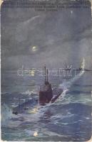 1915 Spur des Torpedos des österr.-ung. Unterseebootes U V (SM U-5), welches den französischen Kreuzer Léon Gambetta zum Sinken brachte. K.u.K. Kriegsmarine. Offizielle Postkarte des Österreichischen Flottenvereines zu Gunsten der Kriegsfürsorge. Brüder Kohn B.K.W.I. / WWI Austro-Hungarian Navy art postcard, U 5 submarine sank "Léon Gambetta" French armored cruiser s: Harry Heusser + "ZENSURIERT SMS GÄA" (kopott sarkak / worn corners)