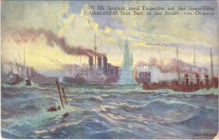 1916 U 12 lanciert zwei Torpedos auf das französische Admiralschiff Jean Bart in der Strasse von Otranto. Offizielle Postkarte des Österr. Flottenvereines zugunsten der Kriegsfürsorge. Brüder Kohn B.K.W.I. / WWI Austro Hungarian Navy art postcard, U-12 torpedoing the French Jean Bart warship in the Battle of the Strait of Otranto s: Alex Kircher + K.U.K. KRIEGSMARINE SMS HELGOLAND (EK)