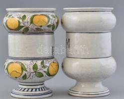 Régi patika edény 2 db, kézzel festett mázas kerámia, kopott, jelzett: MEDIMPEX BUDAPEST VIB m: 17,5...