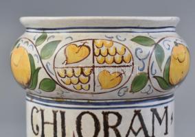 Régi patika edény 2 db, kézzel festett mázas kerámia, kopott, jelzett: MEDIMPEX BUDAPEST VIB m: 17,5...