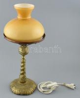 Fém, bronz talpú asztali lámpa, festett üveg, nem teljesen rá való burával. Működik. 51 cm.
