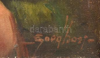 Olvashatatlan jelzéssel: Pipázó.
Olaj, vászon, sérült. Jelzett. Szép keretben. 30x25 cm