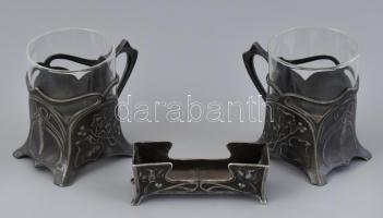 Szecessziós ón teás pohár üveg betéttel + fogpiszkálótartó m: 9 cm, h: 10 cm / Art nouveau tin set