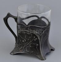 Szecessziós ón teás pohár üveg betéttel + fogpiszkálótartó m: 9 cm, h: 10 cm / Art nouveau tin set
