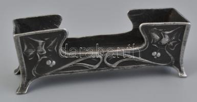 Szecessziós ón teás pohár üveg betéttel + fogpiszkálótartó m: 9 cm, h: 10 cm / Art nouveau tin set