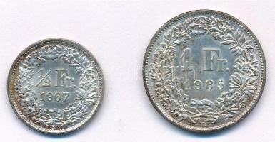 Svájc 1965B 1Fr Ag + 1967B 1/2Fr Ag T:1- patina Switzerland 1965B 1 Franc Ag + 1967B 1 Franc C:AU patina Krause KM# 23, KM#24