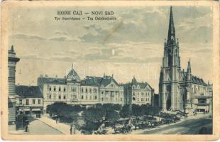 1928 Újvidék, Novi Sad; Trg Oslobodjenja / tér, templom, üzletek / square, church, shops (Rb)